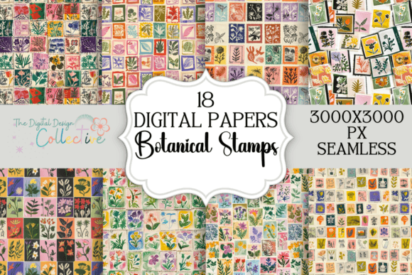 Download Seamless Botanical Stamps Digital Papers - Stamp Collection
