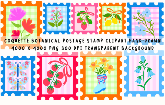 Download Coquette Botanical Postage Stamp Clipart - Stamp Collection