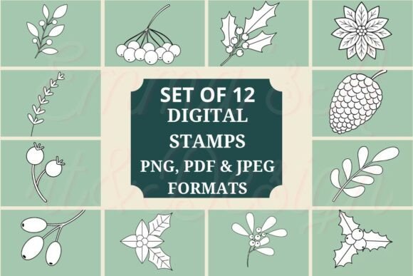 Download 12 Christmas Foliage Digital Stamps - Stamp Collection