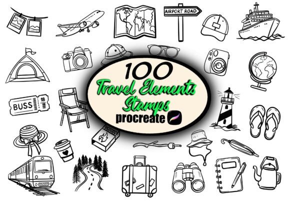 Download 100 Travel Elements Stamps for Procreate - Stamp Collection